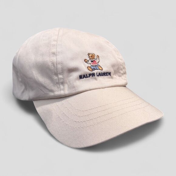 Vtg Polo Ralph Lauren Kids Cap Sit Down Bear Khaki 90s Strap Back One Size 4-6X - Picture 1 of 8